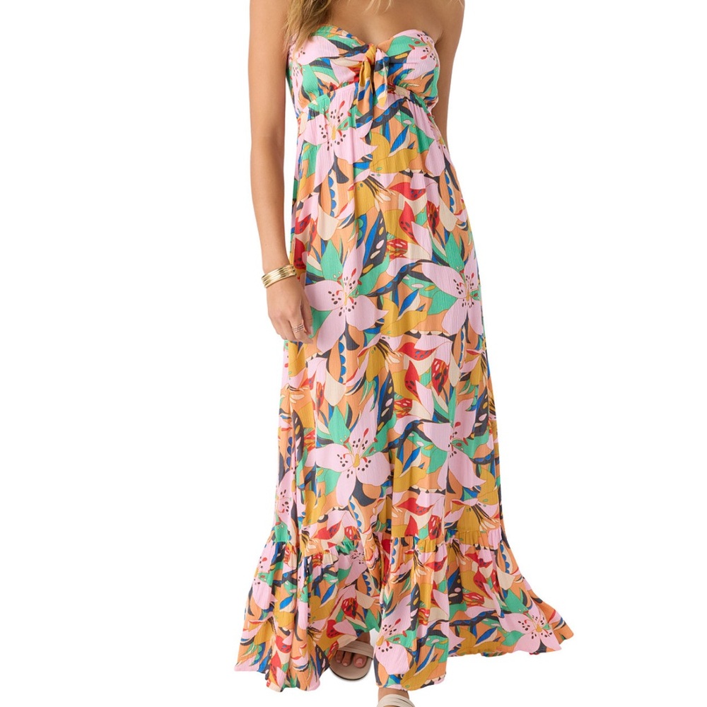 O'Neill Orange Ruffled Tiered Strapless Maxi Dress